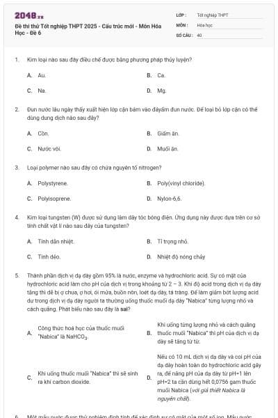 Đề thi thử Tốt nghiệp THPT 2025 - Cấu trúc mới - Môn Hóa Học - Đề 6