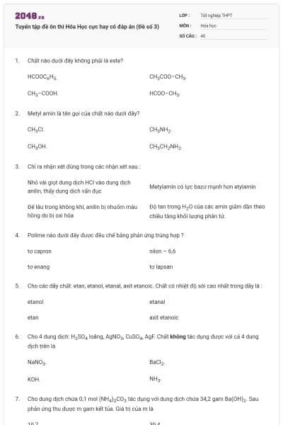 Tuyển tập đề ôn thi Hóa Học cực hay có đáp án (Đề số 3)