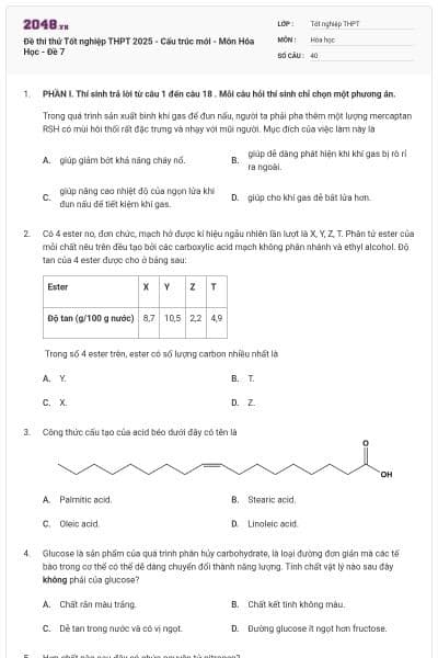 Đề thi thử Tốt nghiệp THPT 2025 - Cấu trúc mới - Môn Hóa Học - Đề 7