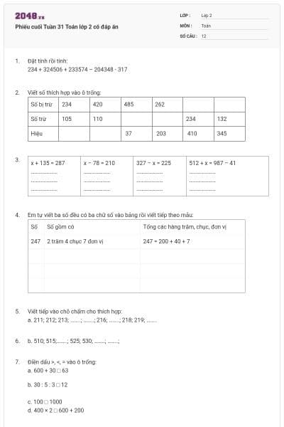 Phiếu cuối Tuần 31 Toán lớp 2 có đáp án