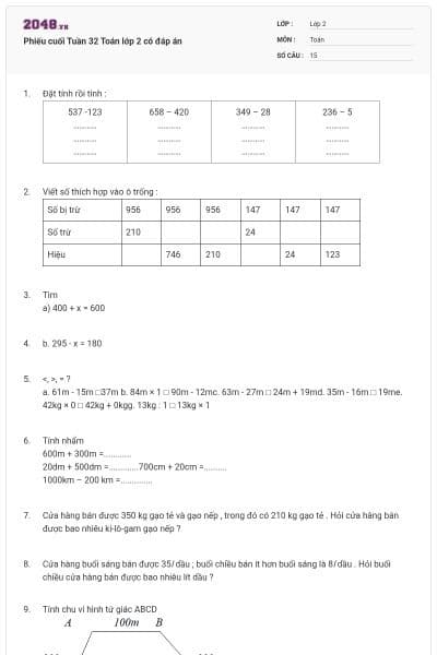 Phiếu cuối Tuần 32 Toán lớp 2 có đáp án