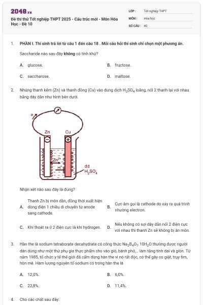 Đề thi thử Tốt nghiệp THPT 2025 - Cấu trúc mới - Môn Hóa Học - Đề 10