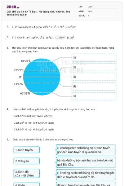 Giải SBT Địa lí 6 KNTT Bài 1: Hệ thống kinh, vĩ tuyến. Tọa độ địa lí có đáp án