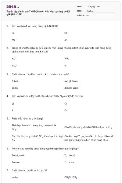 Tuyển tập đề thi thử THPTQG môn Hóa Học cực hay có lời giải (Đề số 18)