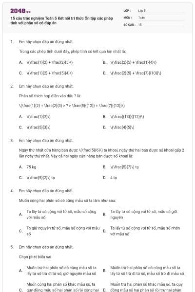 15 câu trắc nghiệm Toán 5 Kết nối tri thức Ôn tập các phép tính với phân số có đáp án