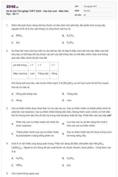 Đề thi thử Tốt nghiệp THPT 2025 - Cấu trúc mới - Môn Hóa Học - Đề 11