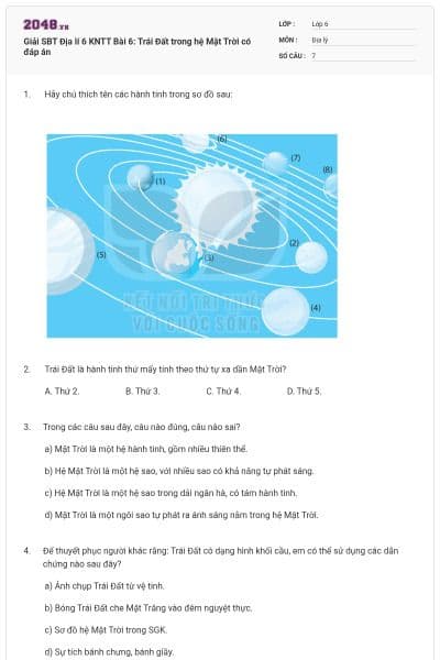 Giải SBT Địa lí 6 KNTT Bài 6: Trái Đất trong hệ Mặt Trời có đáp án