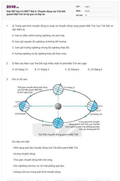 Giải SBT Địa lí 6 KNTT Bài 8: Chuyển động của Trái Đất quanh Mặt Trời và hệ quả có đáp án