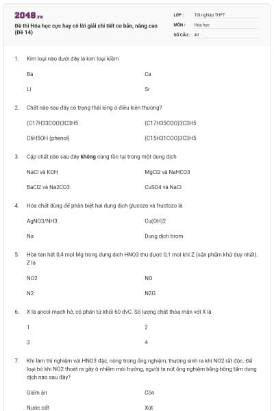 Đề thi Hóa học cực hay có lời giải chi tiết cơ bản, nâng cao (Đề 14)