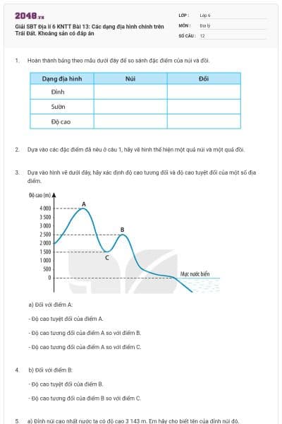 Giải SBT Địa lí 6 KNTT Bài 13: Các dạng địa hình chính trên Trái Đất. Khoáng sản có đáp án