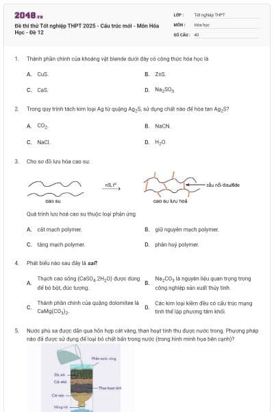 Đề thi thử Tốt nghiệp THPT 2025 - Cấu trúc mới - Môn Hóa Học - Đề 12