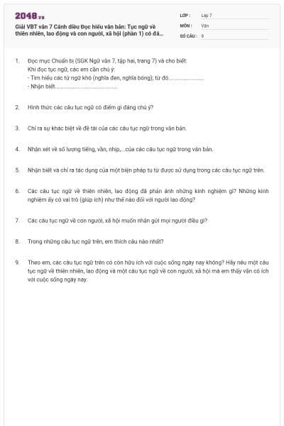 Giải VBT văn 7 Cánh diều Đọc hiểu văn bản: Tục ngữ về thiên nhiên, lao động và con người, xã hội (phần 1) có đáp án