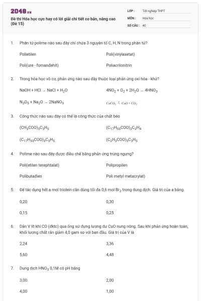 Đề thi Hóa học cực hay có lời giải chi tiết cơ bản, nâng cao (Đề 15)