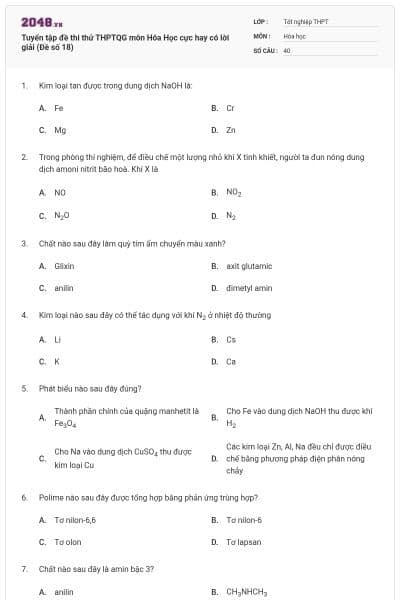 Tuyển tập đề thi thử THPTQG môn Hóa Học cực hay có lời giải (Đề số 18)