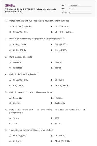 Tổng hợp đề thi thử THPTQG 2019 - chuẩn cấu trúc của bộ giáo dục (Đề số 14)