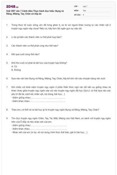 Giải VBT văn 7 Cánh diều Thực hành đọc hiểu: Bụng và Răng, Miệng, Tay, Chân có đáp án