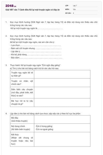 Giải VBT văn 7 Cánh diều Kể lại một truyện ngắn có đáp án