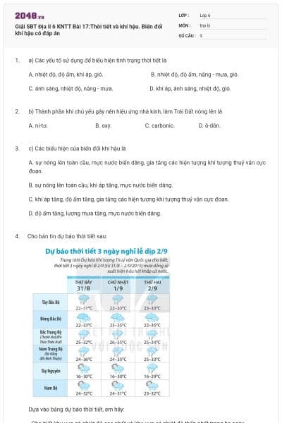 Giải SBT Địa lí 6 KNTT Bài 17:Thời tiết và khí hậu. Biến đổi khí hậu có đáp án