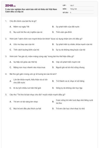 5 câu trắc nghiệm Đọc sách báo viết về thiếu nhi Việt Nam Cánh diều có đáp án
