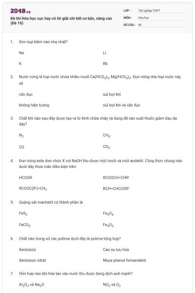 Đề thi Hóa học cực hay có lời giải chi tiết cơ bản, nâng cao (Đề 16)