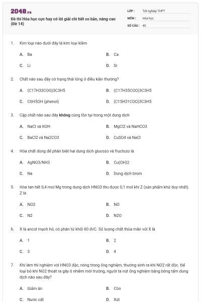 Đề thi Hóa học cực hay có lời giải chi tiết cơ bản, nâng cao (Đề 14)