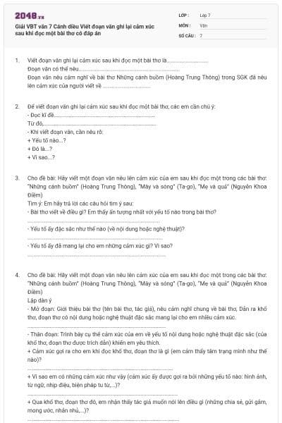 Giải VBT văn 7 Cánh diều Viết đoạn văn ghi lại cảm xúc sau khi đọc một bài thơ có đáp án