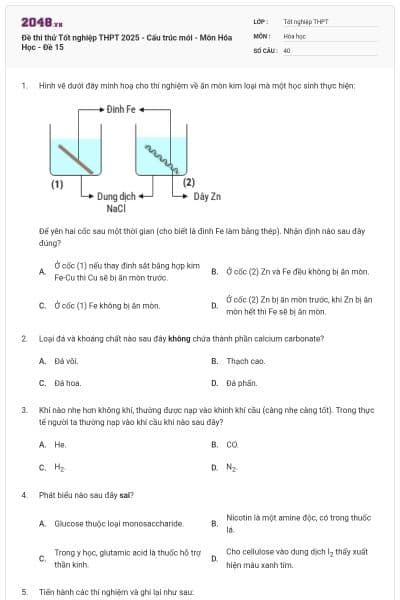 Đề thi thử Tốt nghiệp THPT 2025 - Cấu trúc mới - Môn Hóa Học - Đề 15