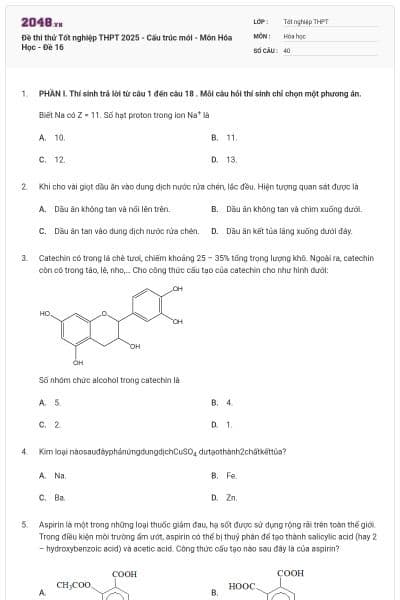 Đề thi thử Tốt nghiệp THPT 2025 - Cấu trúc mới - Môn Hóa Học - Đề 16