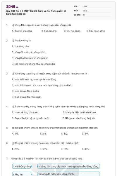 Giải SBT Địa lí 6 KNTT Bài 20: Sông và hồ. Nước ngầm và băng hà có đáp án