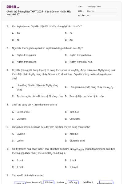 Đề thi thử Tốt nghiệp THPT 2025 - Cấu trúc mới - Môn Hóa Học - Đề 17