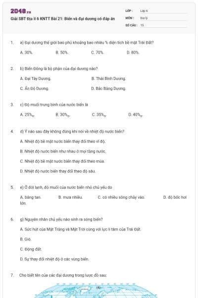 Giải SBT Địa lí 6 KNTT Bài 21: Biển và đại dương có đáp án