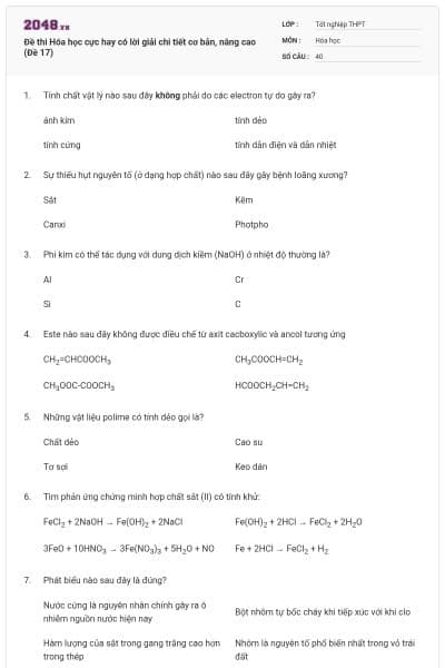 Đề thi Hóa học cực hay có lời giải chi tiết cơ bản, nâng cao (Đề 17)