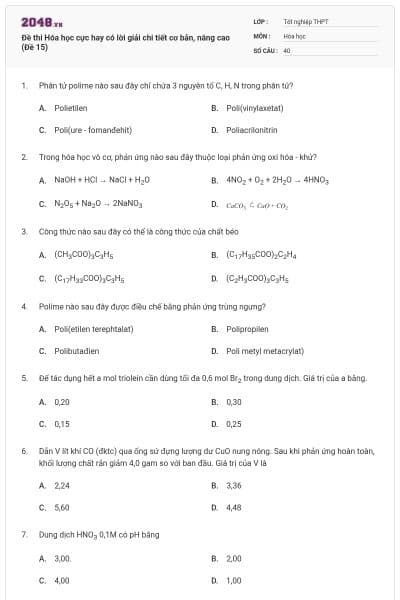 Đề thi Hóa học cực hay có lời giải chi tiết cơ bản, nâng cao (Đề 15)