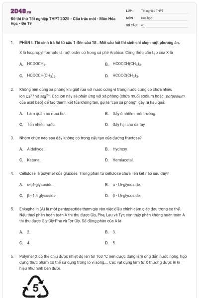Đề thi thử Tốt nghiệp THPT 2025 - Cấu trúc mới - Môn Hóa Học - Đề 19