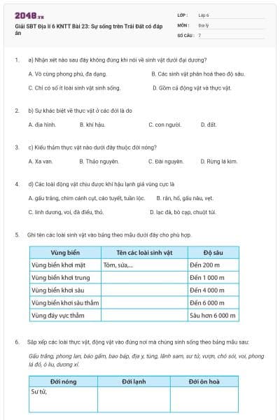 Giải SBT Địa lí 6 KNTT Bài 23: Sự sống trên Trái Đất có đáp án