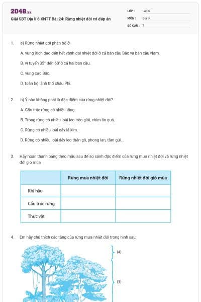 Giải SBT Địa lí 6 KNTT Bài 24: Rừng nhiệt đới có đáp án