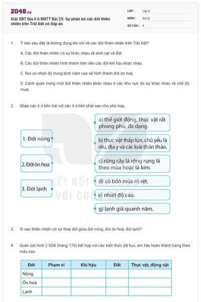 Giải SBT Địa lí 6 KNTT Bài 25: Sự phân bố các đới thiên nhiên trên Trái Đất có đáp án