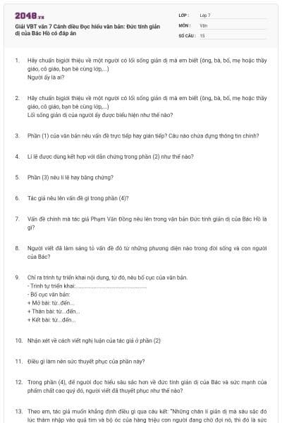 Giải VBT văn 7 Cánh diều Đọc hiểu văn bản: Đức tính giản dị của Bác Hồ có đáp án