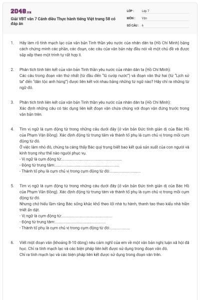 Giải VBT văn 7 Cánh diều Thực hành tiếng Việt trang 58 có đáp án