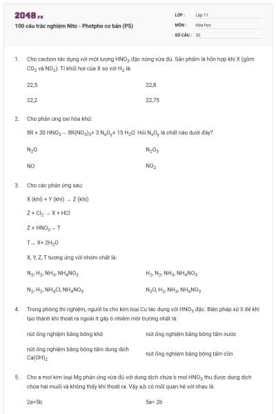 100 câu trắc nghiệm Nito - Photpho cơ bản (P5)