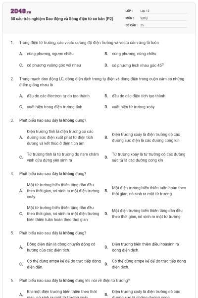 50 câu trắc nghiệm Dao động và Sóng điện từ cơ bản (P2)