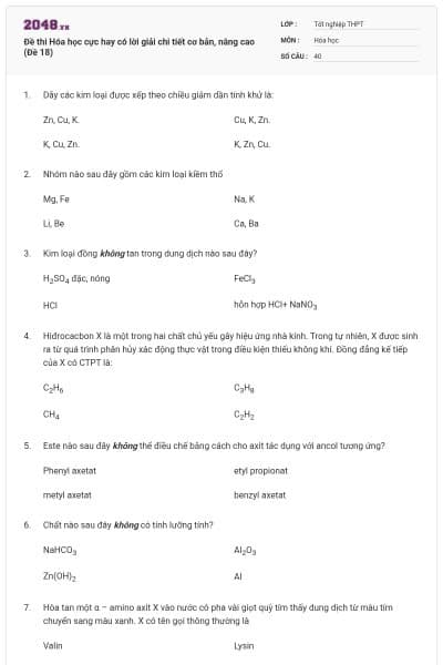 Đề thi Hóa học cực hay có lời giải chi tiết cơ bản, nâng cao (Đề 18)