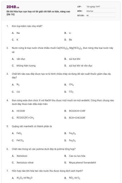 Đề thi Hóa học cực hay có lời giải chi tiết cơ bản, nâng cao (Đề 16)