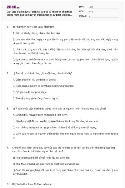 Giải SBT Địa lí 6 KNTT Bài 29: Bảo vệ tự nhiên và khai thác thông minh các tài nguyên thiên nhiên vì sự phát triển bền vững có đáp án