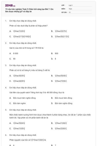 15 câu trắc nghiệm Toán 5 Chân trời sáng tạo Bài 7. Em làm được những gì? có đáp án