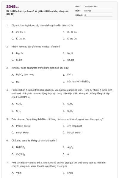 Đề thi Hóa học cực hay có lời giải chi tiết cơ bản, nâng cao (Đề 18)