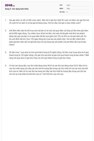 Dạng 5. Các dạng toán khác