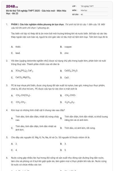 Đề thi thử Tốt nghiệp THPT 2025 - Cấu trúc mới - Môn Hóa Học - Đề 23