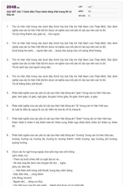 Giải VBT văn 7 Cánh diều Thực hành tiếng Việt trang 80 có đáp án