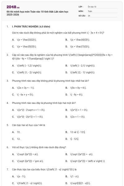 Đề thi minh họa môn Toán vào 10 tỉnh Đắk Lắk năm học 2025-2026